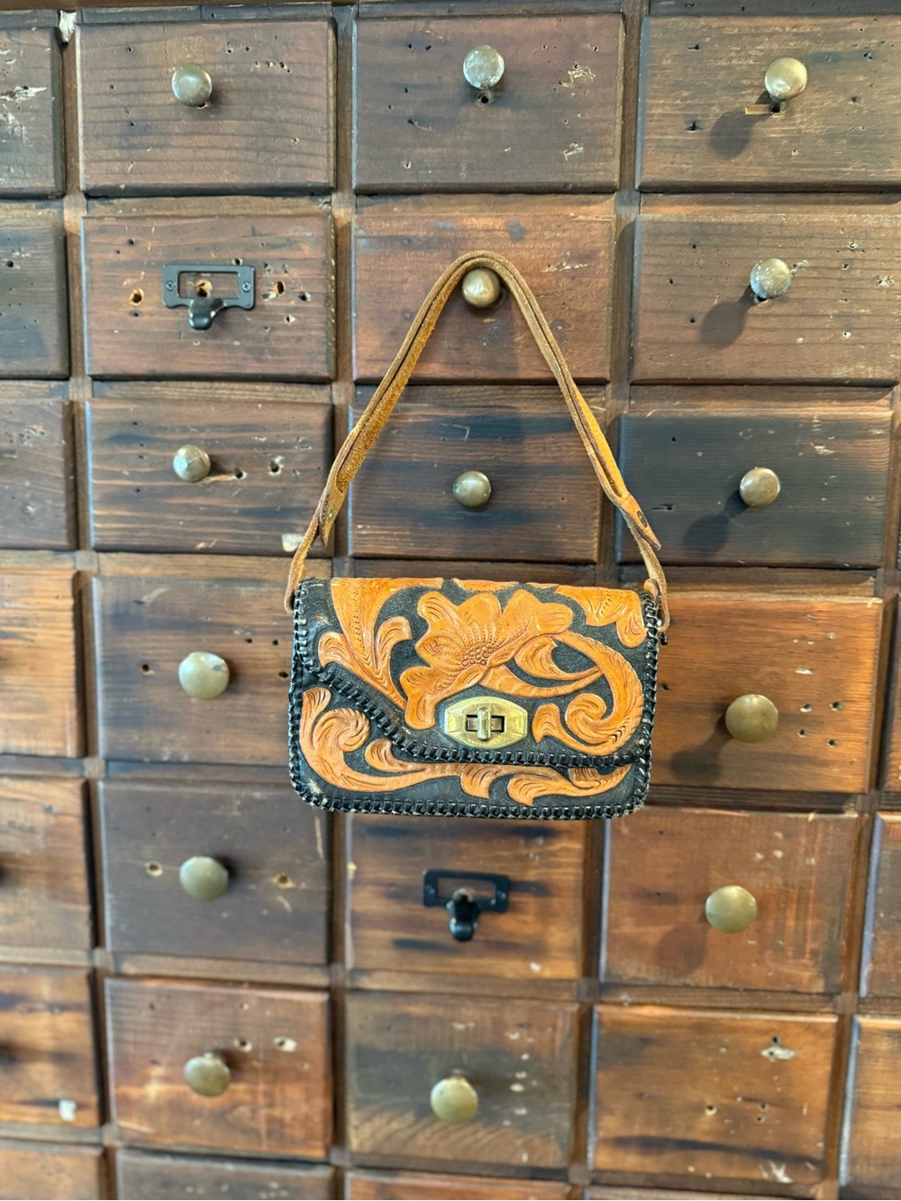 Hand-Tooled Floral Leather Shoulder Bag in Tan and Black